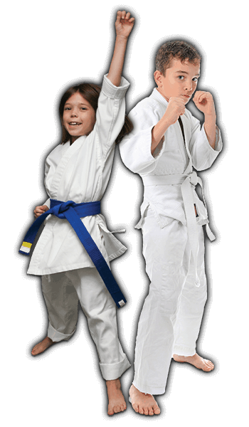 Martial Arts Lessons for Kids in hohokus NJ - Happy Blue Belt Girl and Focused Boy Banner